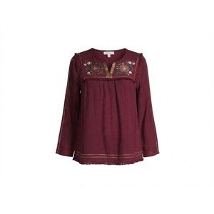 Grace & Lace Maroon Burgundy Embroidered Floral Top Blouse Shirt Long Sleeve L